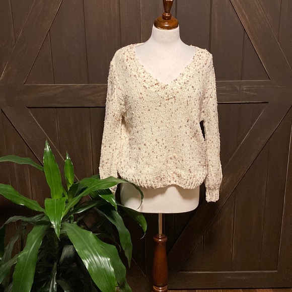 by the rivet Sweaters - by the River-Small cream colored V neck sweater with Pink and Brown yarn design